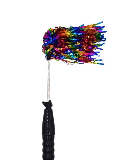Rainbow mylar flogger that conducts electricity attached to a violet wand